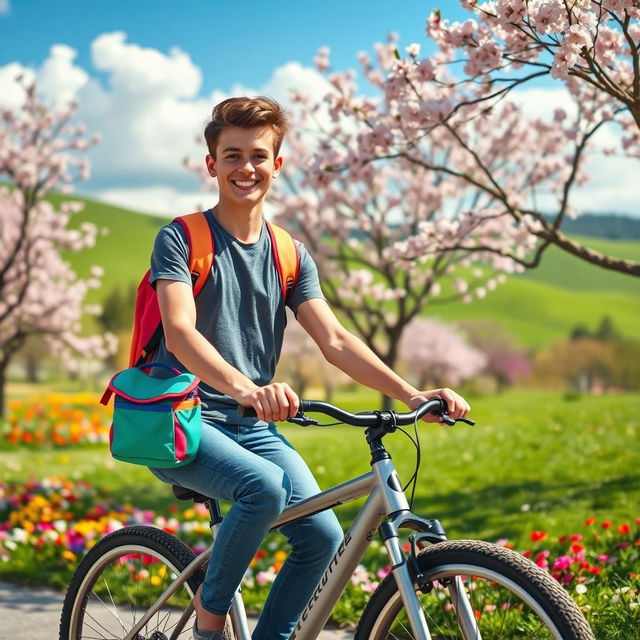 A vivid scene of a student cycling through a picturesque park in spring