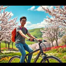 A vivid scene of a student cycling through a picturesque park in spring