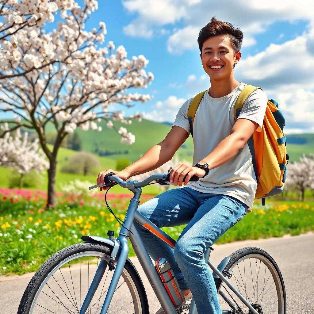 A vivid scene of a student cycling through a picturesque park in spring