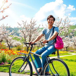 A vivid scene of a student cycling through a picturesque park in spring