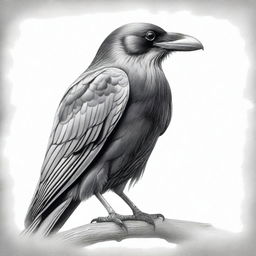 A high-quality black and white pencil drawing, featuring a raven