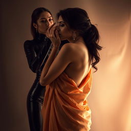 An enchanting scene featuring a woman in a sexy saree that beautifully drapes and complements her silhouette, expressing traditional elegance merged with modern allure