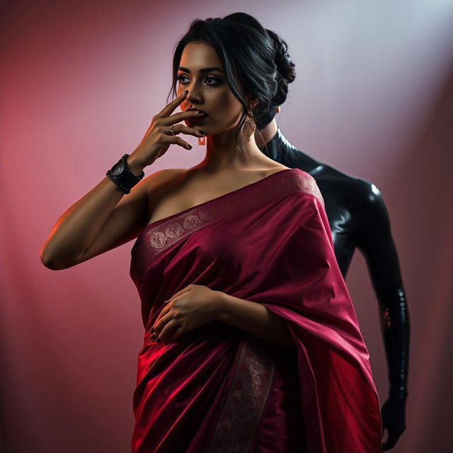 An enchanting scene featuring a woman in a sexy saree that beautifully drapes and complements her silhouette, expressing traditional elegance merged with modern allure