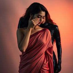 An enchanting scene featuring a woman in a sexy saree that beautifully drapes and complements her silhouette, expressing traditional elegance merged with modern allure