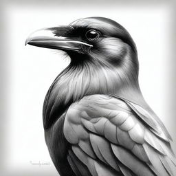 A high-quality black and white pencil drawing, featuring a raven