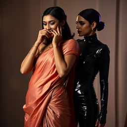 An enchanting scene featuring a woman in a sexy saree that beautifully drapes and complements her silhouette, expressing traditional elegance merged with modern allure
