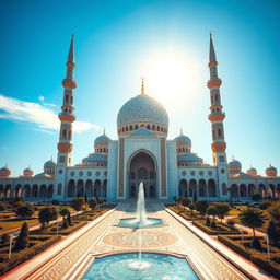A stunning architectural visualization of a grand mosque funded by 1 trillion, showcasing intricate Islamic designs