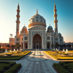 A stunning architectural visualization of a grand mosque funded by 1 trillion, showcasing intricate Islamic designs