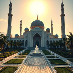 A stunning architectural visualization of a grand mosque funded by 1 trillion, showcasing intricate Islamic designs