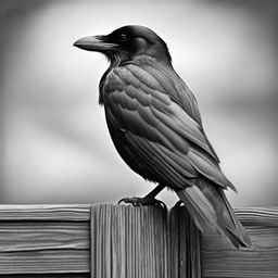 An exquisite black and white pencil drawing, showcasing a raven perched on a wooden fence