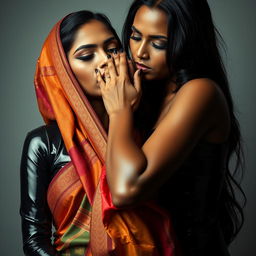 A captivating scene featuring a striking woman dressed in sexy latex, her outfit hugging her curves and glistening with a glossy finish