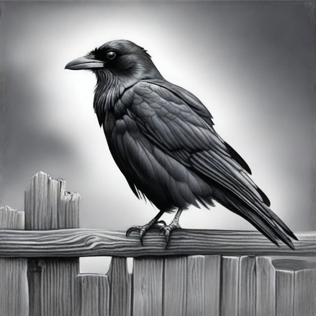 An exquisite black and white pencil drawing, showcasing a raven perched on a wooden fence