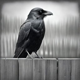 An exquisite black and white pencil drawing, showcasing a raven perched on a wooden fence