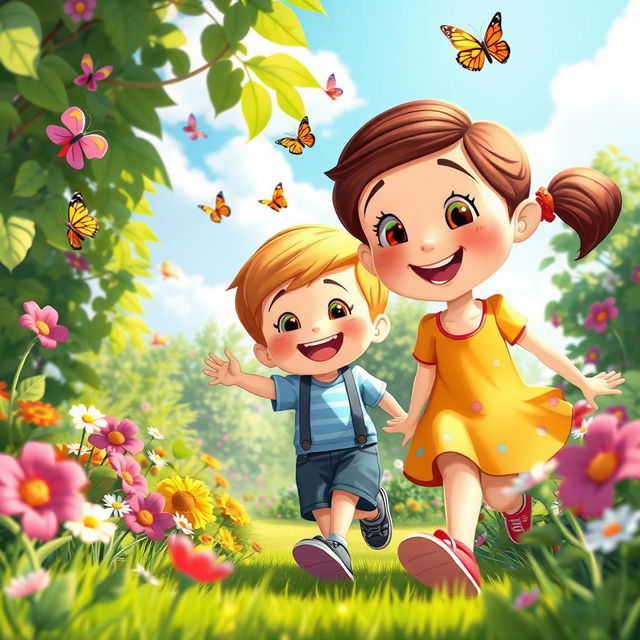 A delightful scene featuring a boy and a girl, both in grade 1, joyfully walking through a vibrant garden