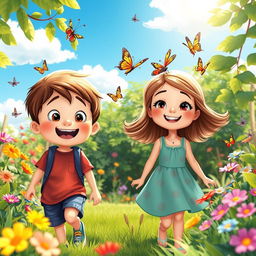 A delightful scene featuring a boy and a girl, both in grade 1, joyfully walking through a vibrant garden