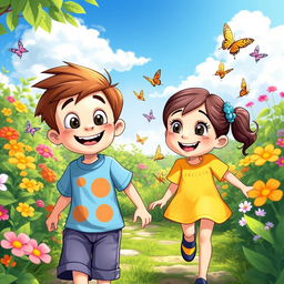 A delightful scene featuring a boy and a girl, both in grade 1, joyfully walking through a vibrant garden