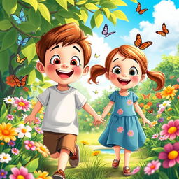 A delightful scene featuring a boy and a girl, both in grade 1, joyfully walking through a vibrant garden