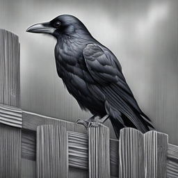 An exquisite black and white pencil drawing, showcasing a raven perched on a wooden fence