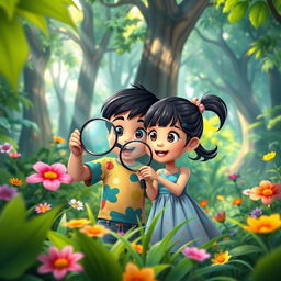 A vibrant and enchanting forest scene featuring an Indonesian boy and girl with animated child-like faces, expressing amazement as they hold a magnifying glass