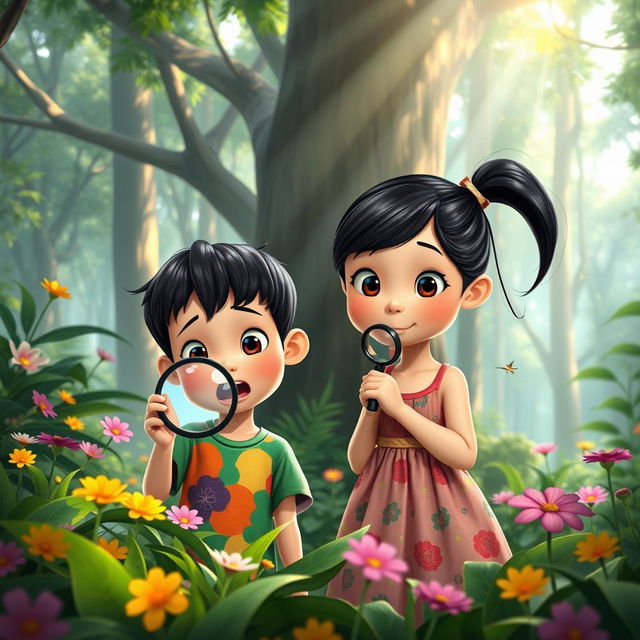 A vibrant and enchanting forest scene featuring an Indonesian boy and girl with animated child-like faces, expressing amazement as they hold a magnifying glass