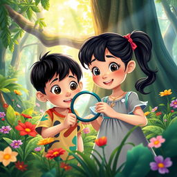 A vibrant and enchanting forest scene featuring an Indonesian boy and girl with animated child-like faces, expressing amazement as they hold a magnifying glass