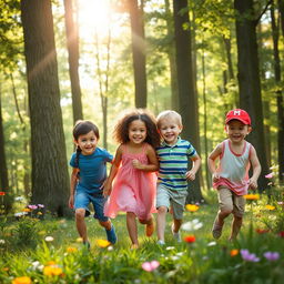 A beautiful forest scene, featuring five children playing happily together
