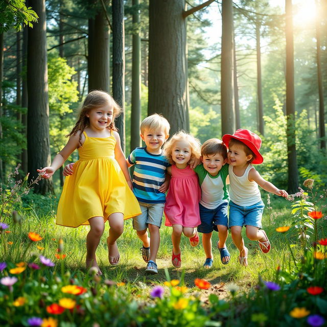 A beautiful forest scene, featuring five children playing happily together