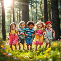 A beautiful forest scene, featuring five children playing happily together