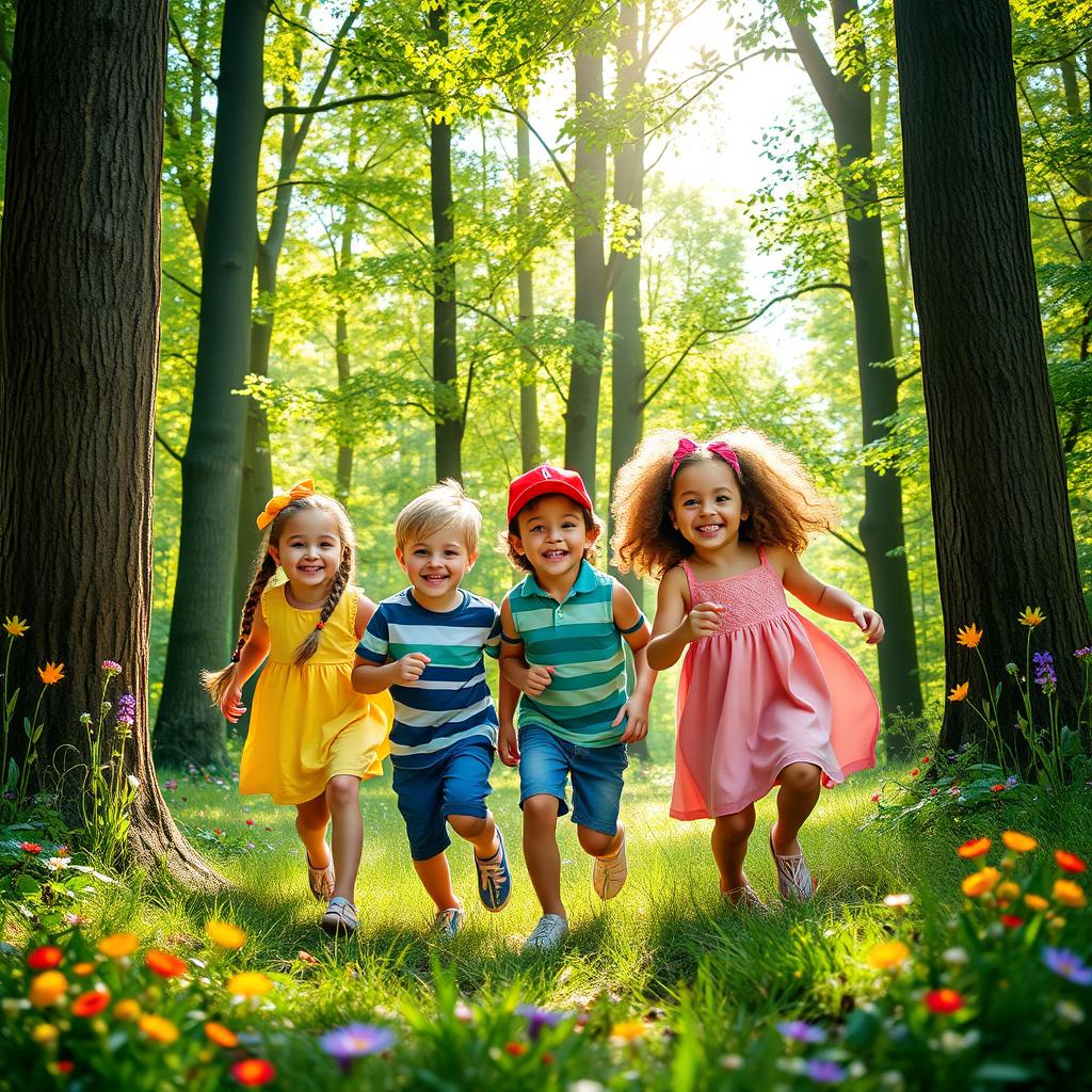 A beautiful forest scene, featuring five children playing happily together