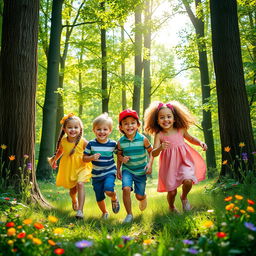 A beautiful forest scene, featuring five children playing happily together