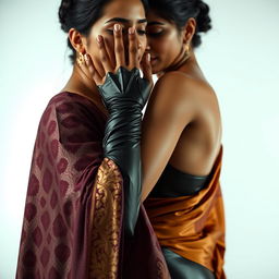 An enticing scene featuring a sexy woman clad in a sleek latex outfit that hugs her curves and shines under soft lighting