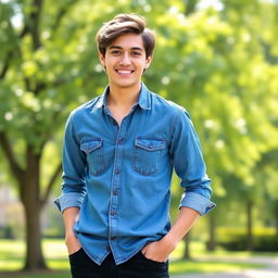 A stylish young adult wearing a classic denim shirt, casually buttoned down and slightly rolled up at the sleeves, standing outdoors with a vibrant green park in the background