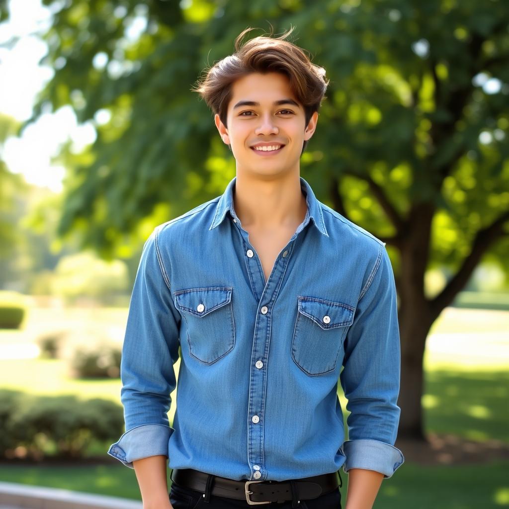 A stylish young adult wearing a classic denim shirt, casually buttoned down and slightly rolled up at the sleeves, standing outdoors with a vibrant green park in the background