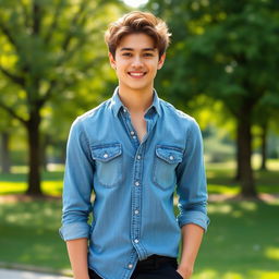 A stylish young adult wearing a classic denim shirt, casually buttoned down and slightly rolled up at the sleeves, standing outdoors with a vibrant green park in the background