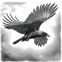 A mesmerizing black and white pencil drawing that portrays a raven in flight