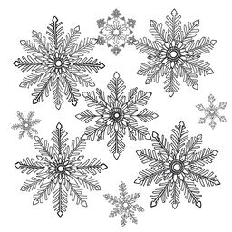 A detailed Zentangle-style coloring page featuring intricate snowflake designs