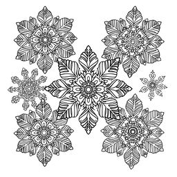 A detailed Zentangle-style coloring page featuring intricate snowflake designs