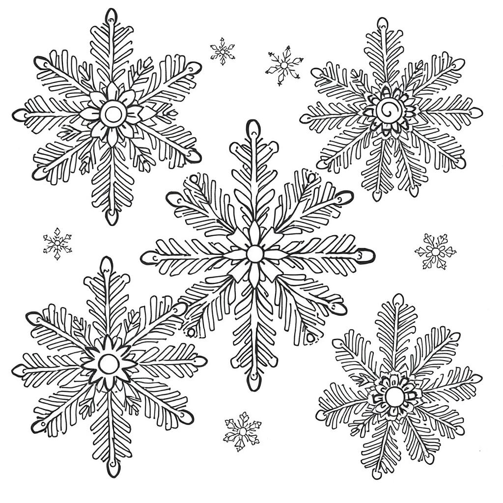 A detailed Zentangle-style coloring page featuring intricate snowflake designs
