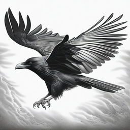 A mesmerizing black and white pencil drawing that portrays a raven in flight