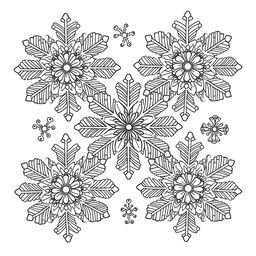 A detailed Zentangle-style coloring page featuring intricate snowflake designs