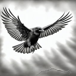 A mesmerizing black and white pencil drawing that portrays a raven in flight