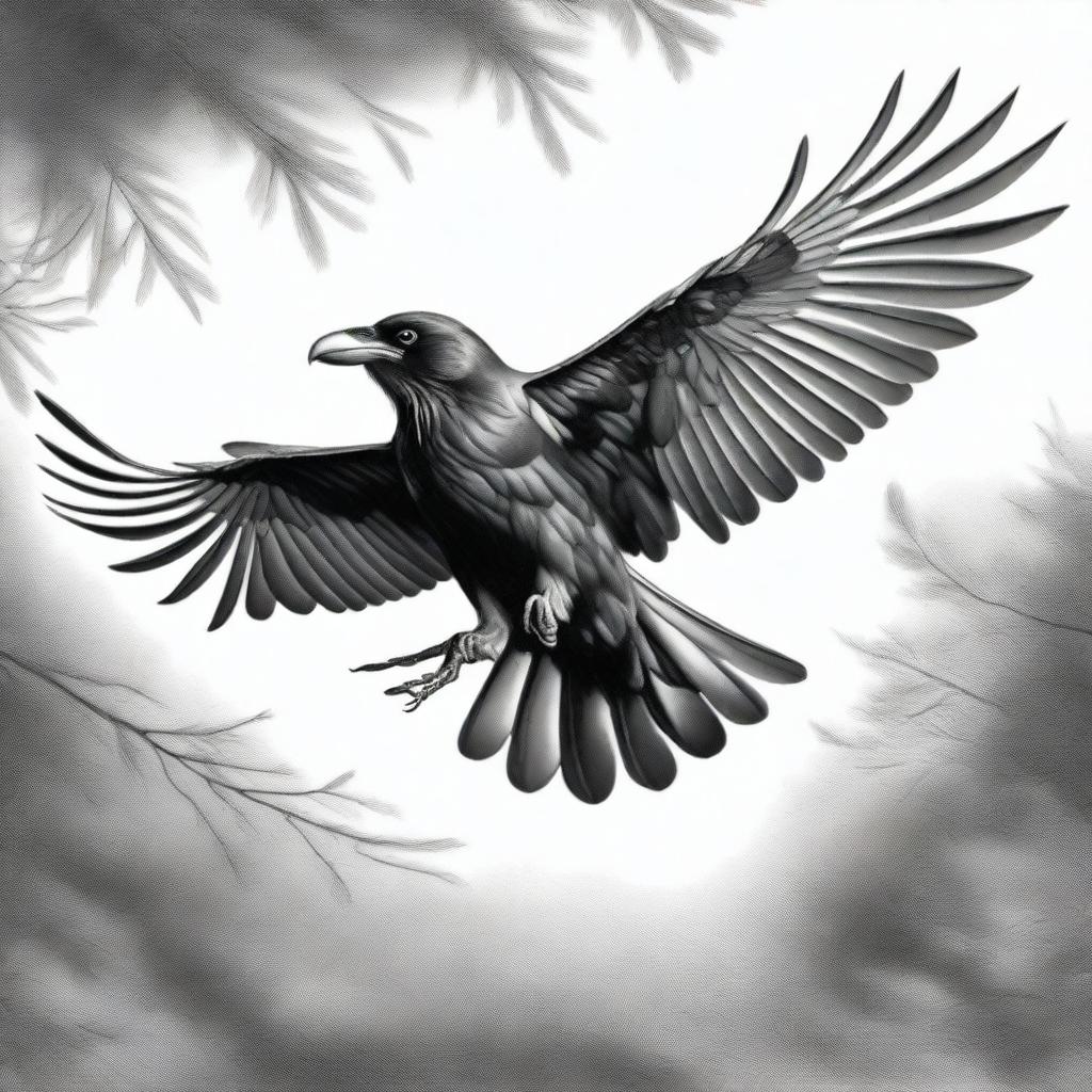 A mesmerizing black and white pencil drawing that portrays a raven in flight