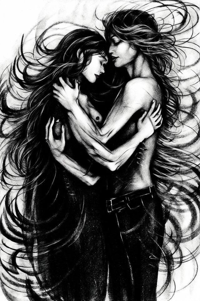 This is an abstract charcoal drawing of a couple in a passionate embrace