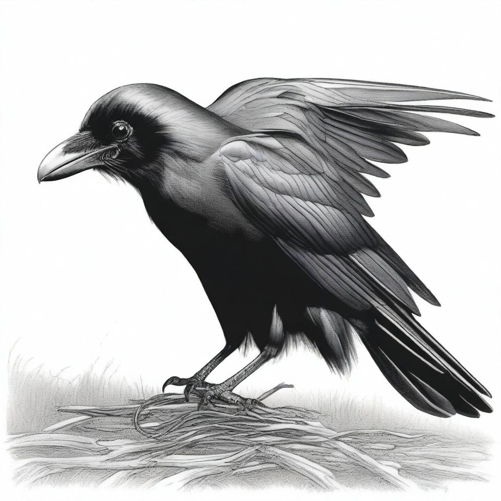 This is a striking black and white pencil drawing, illustrating a raven in the act of eating a worm