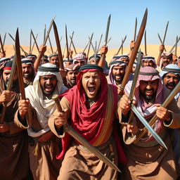 A dramatic scene featuring a large group of Arab individuals displaying anger, holding traditional swords, in a desert landscape