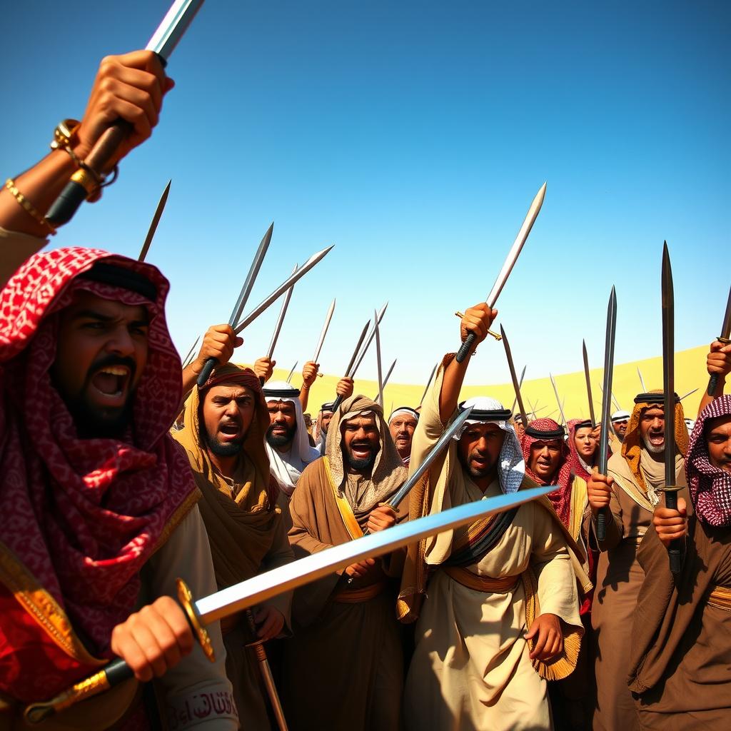 A dramatic scene featuring a large group of Arab individuals displaying anger, holding traditional swords, in a desert landscape