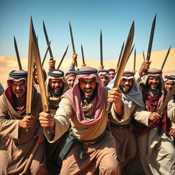 A dramatic scene featuring a large group of Arab individuals displaying anger, holding traditional swords, in a desert landscape