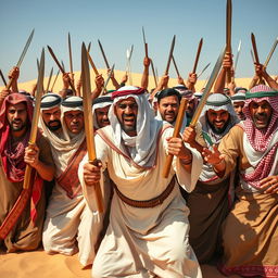 A dramatic scene featuring a large group of Arab individuals displaying anger, holding traditional swords, in a desert landscape