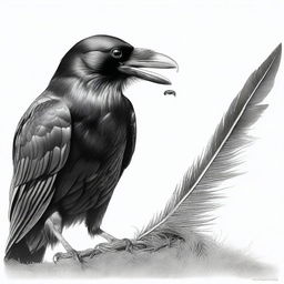 This is a striking black and white pencil drawing, illustrating a raven in the act of eating a worm