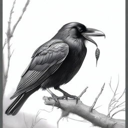 This is a striking black and white pencil drawing, illustrating a raven in the act of eating a worm